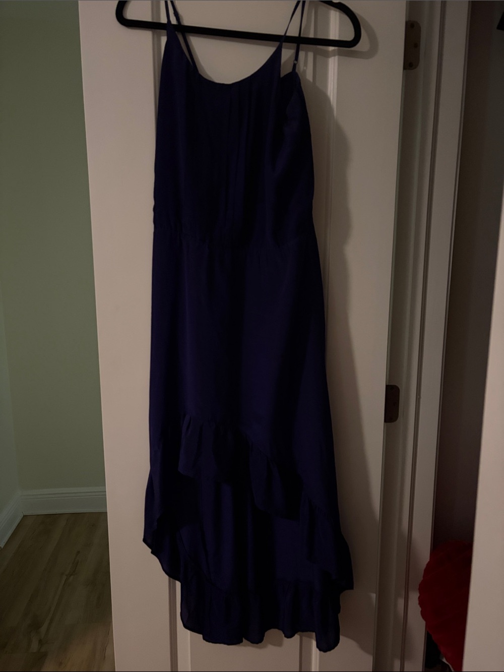 High-Low Ruffle Hem Spaghetti Strap Dress in Deep Blue